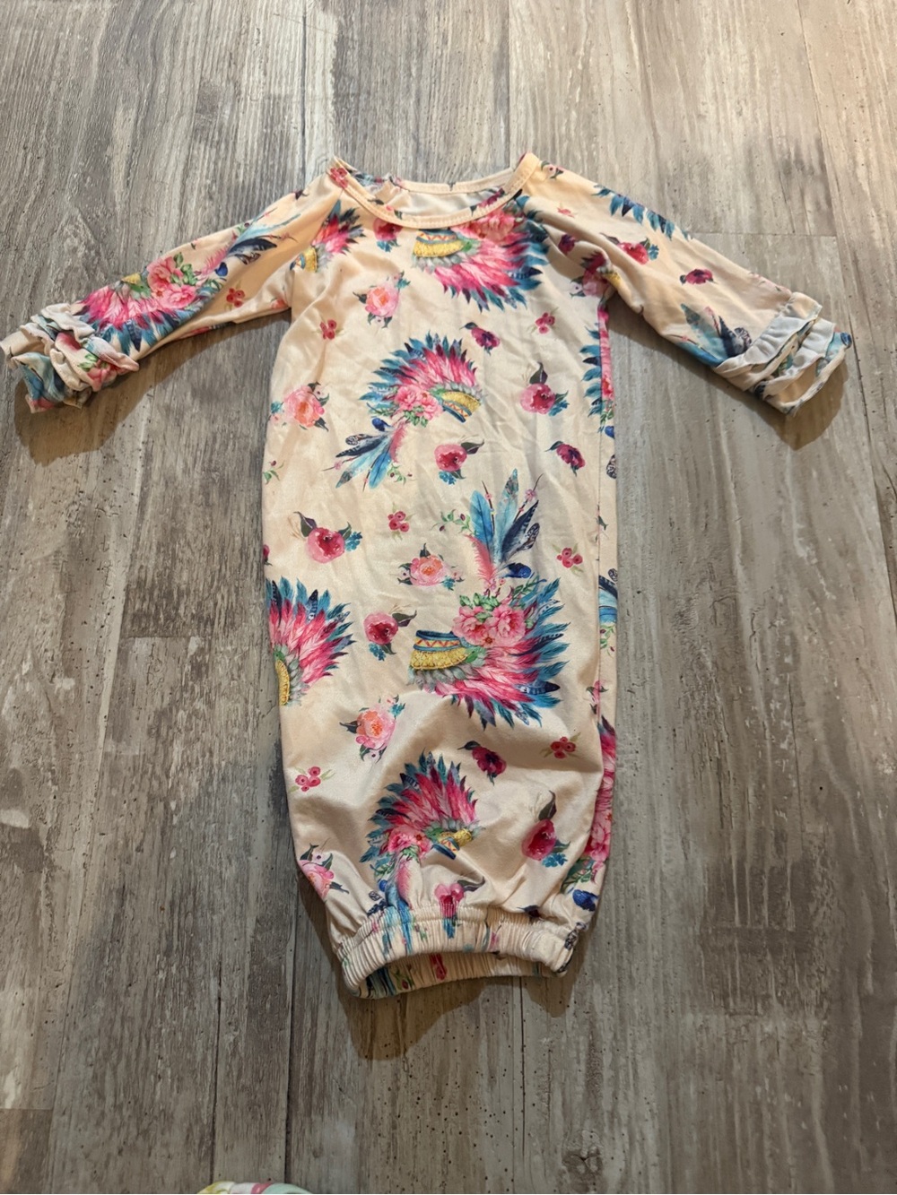 Kids Floral Feather Print One-Piece Gown - Pink & Blue
